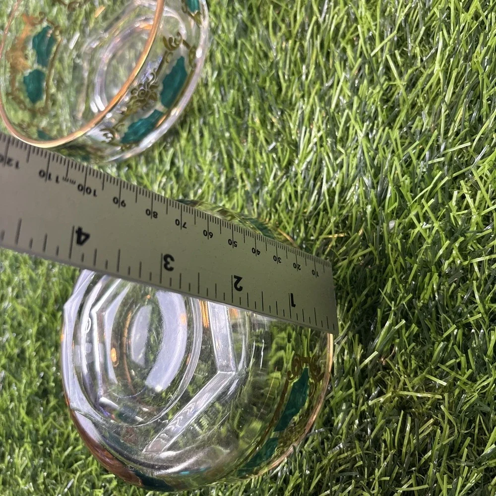 Vintage Gold Green Glass Bowls w/ Brass Tone‎ Caddy Wood Handle MCM Style Set